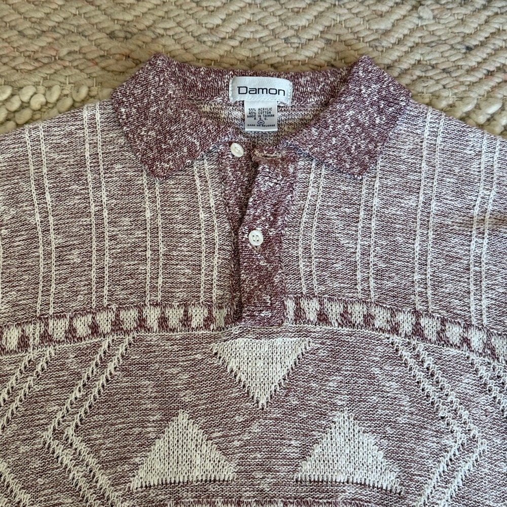 Vintage 70s Textured Weave Damon Men's Burgundy & White Yarn Knit Polo Shirt - Picture 2 of 7